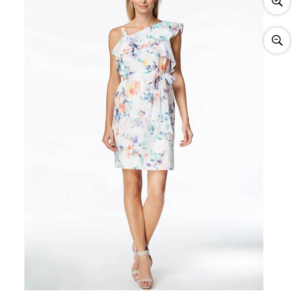 Calvin Klein One Shoulder Sheath White Multicolor Floral 100% Cotton Dress Sz 12